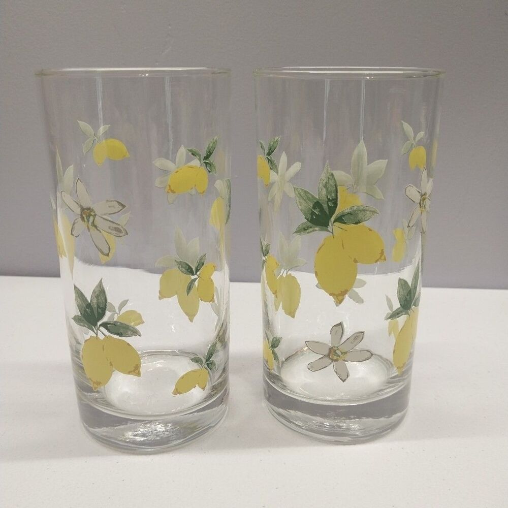 Vintage Lemon Blossom Drinking Glasses Set of 2 Citrus Tumblers Retro